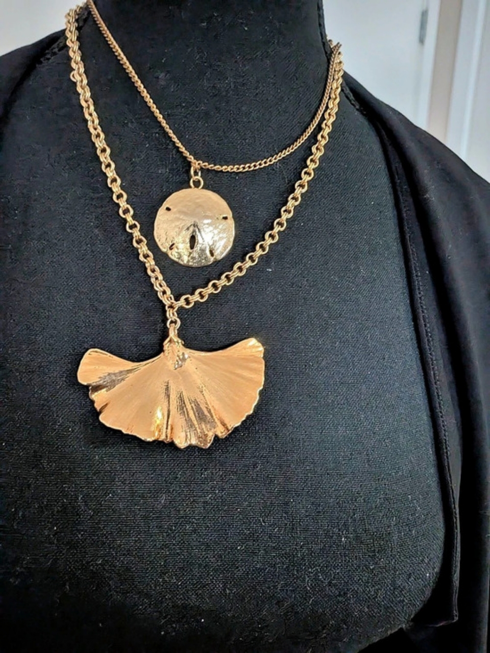 Vintage Gold Dipped Real Ginkgo Leaf & Sand Dollar Statement Necklace Set